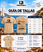 Guía de tallas de la camiseta SPORT STYLE hombre de IMPARABL3, color arena 07, modelo de corte regular. Tabla de medidas de la S a la 5XL con ancho y largo en centímetros, ilustración para medir la prenda e información del tejido 100 % algodón de 190 g/m².