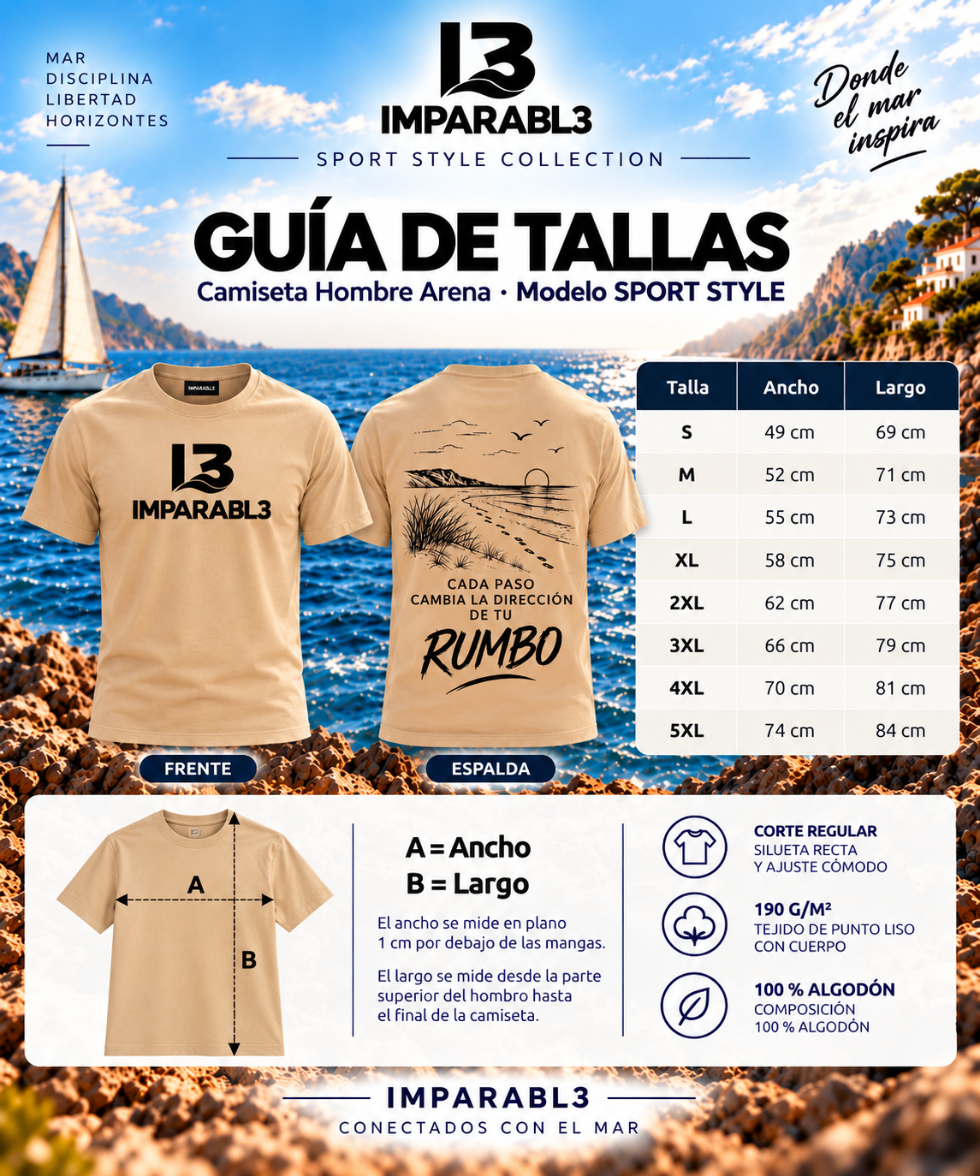 Guía de tallas de la camiseta SPORT STYLE hombre de IMPARABL3, color arena 07, modelo de corte regular. Tabla de medidas de la S a la 5XL con ancho y largo en centímetros, ilustración para medir la prenda e información del tejido 100 % algodón de 190 g/m².