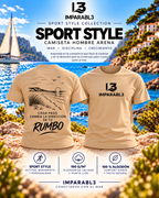 Presentación frontal y trasera de la camiseta SPORT STYLE hombre de IMPARABL3, color arena 07. Modelo de corte regular con logotipo I3 negro en el pecho y diseño posterior RUMBO inspirado en el mar y la superación personal. Tejido 100 % algodón de 190 g/m².