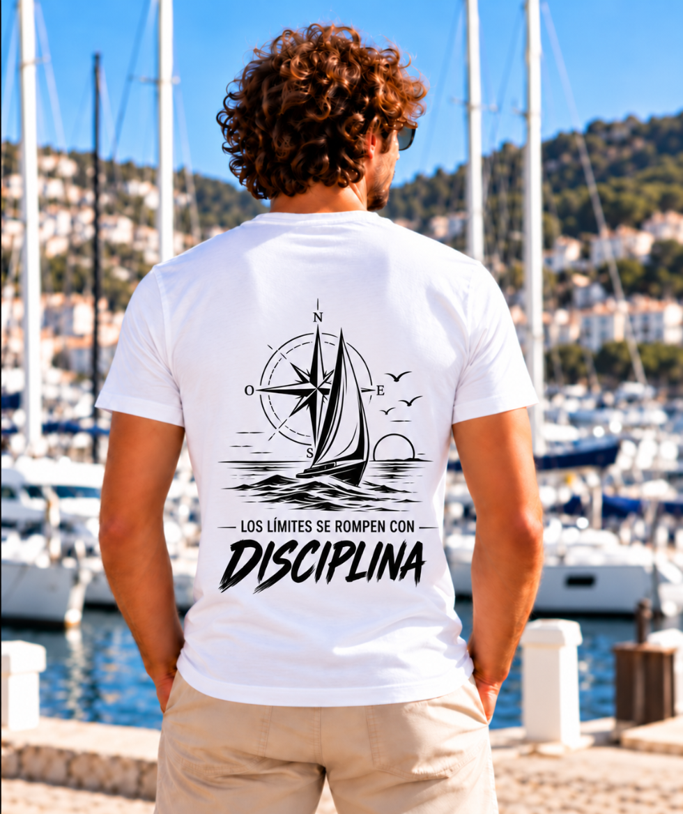 Hombre de espaldas con camiseta blanca IMPARABL3 Sport Style, diseño náutico de velero y brújula con la frase «Los límites se rompen con DISCIPLINA», junto al mar.