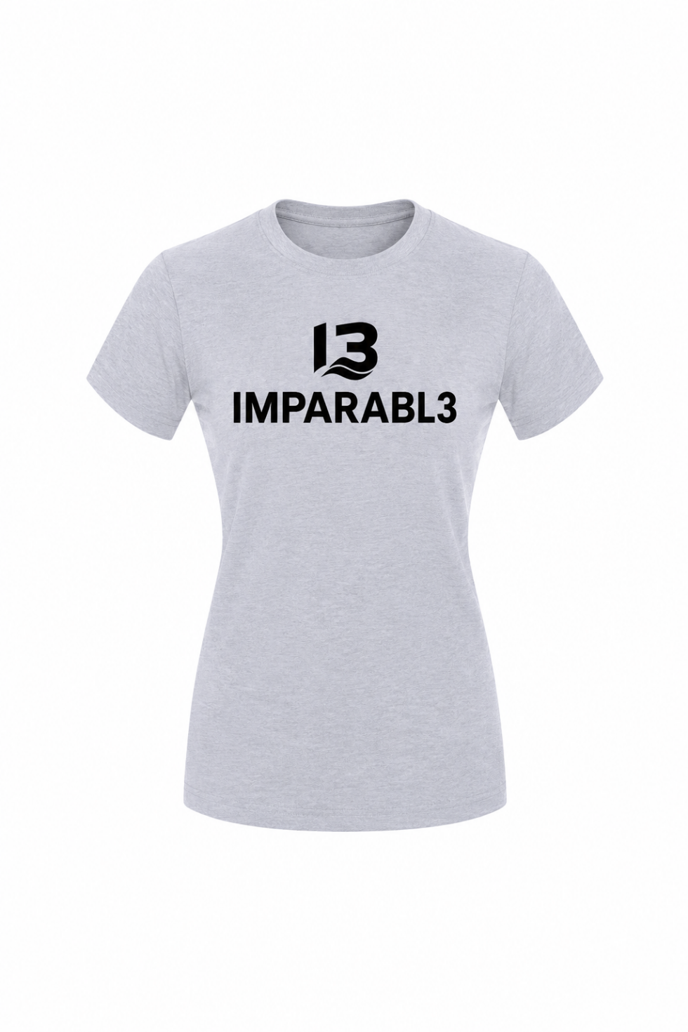 Camiseta gris piedra de mujer IMPARABL3 GRANDE, vista delantera, con corte entallado, manga corta, cuello redondo y logotipo oficial I3 IMPARABL3 en negro centrado en el pecho.