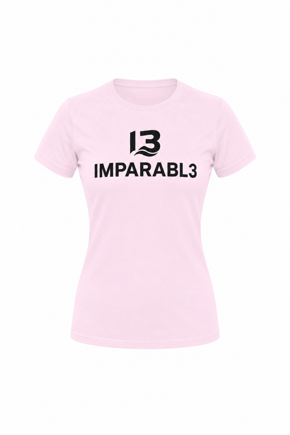 Camiseta rosa de mujer IMPARABL3 LIBRE, vista delantera, con corte entallado, manga corta, cuello redondo y logotipo I3 IMPARABL3 en negro centrado en el pecho.
