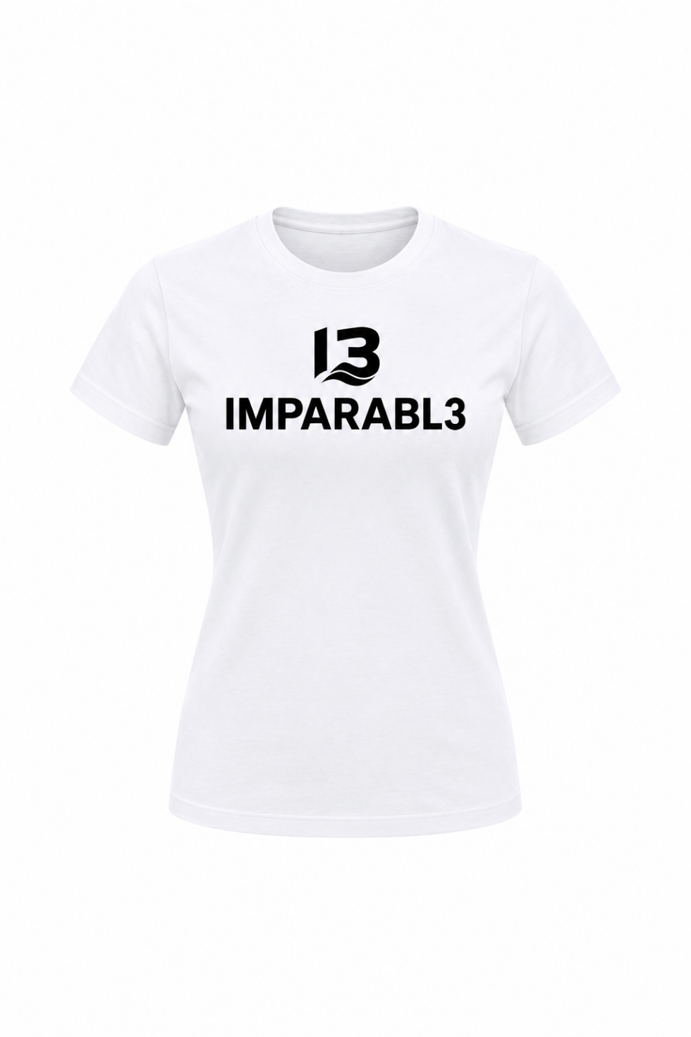 Camiseta blanca de mujer IMPARABL3 TEMPESTAD, vista delantera, con corte entallado, manga corta, cuello redondo y logotipo oficial I3 IMPARABL3 en negro centrado en el pecho.