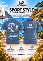 Presentación de camiseta hombre IMPARABL3 Sport Style azul zen 263, con logo frontal blanco, diseño trasero marino AVANZAR y tejido 100 % algodón de 190 g/m².