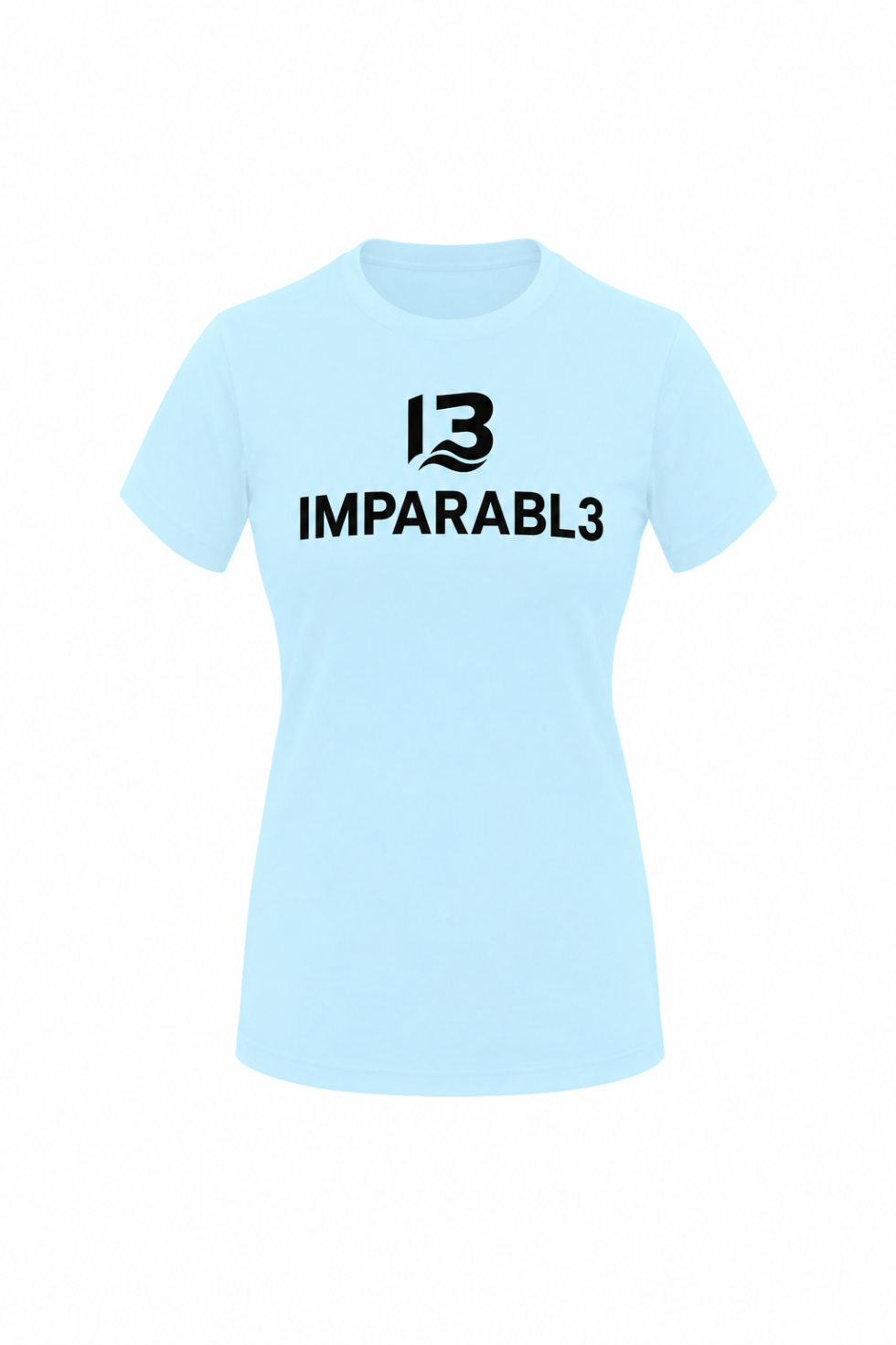 Camiseta de mujer IMPARABL3 FUERTE en azul cielo, vista trasera, con diseño negro de un delfín saltando entre las olas frente a un amanecer y la frase «Cada dificultad me hace más FUERTE».