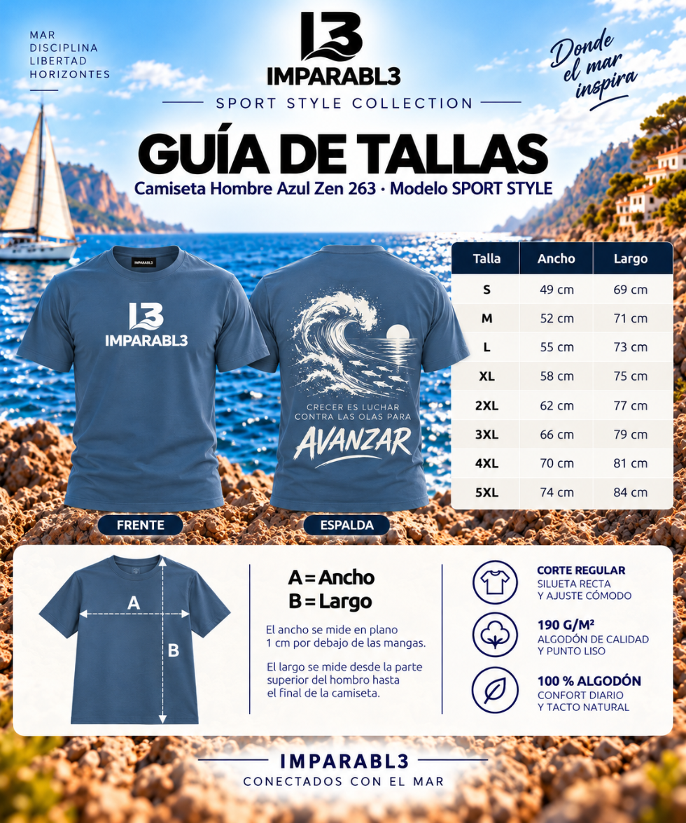 Guía de tallas de camiseta hombre IMPARABL3 Sport Style azul zen 263, modelo de corte regular, con medidas de ancho y largo desde S hasta 5XL.