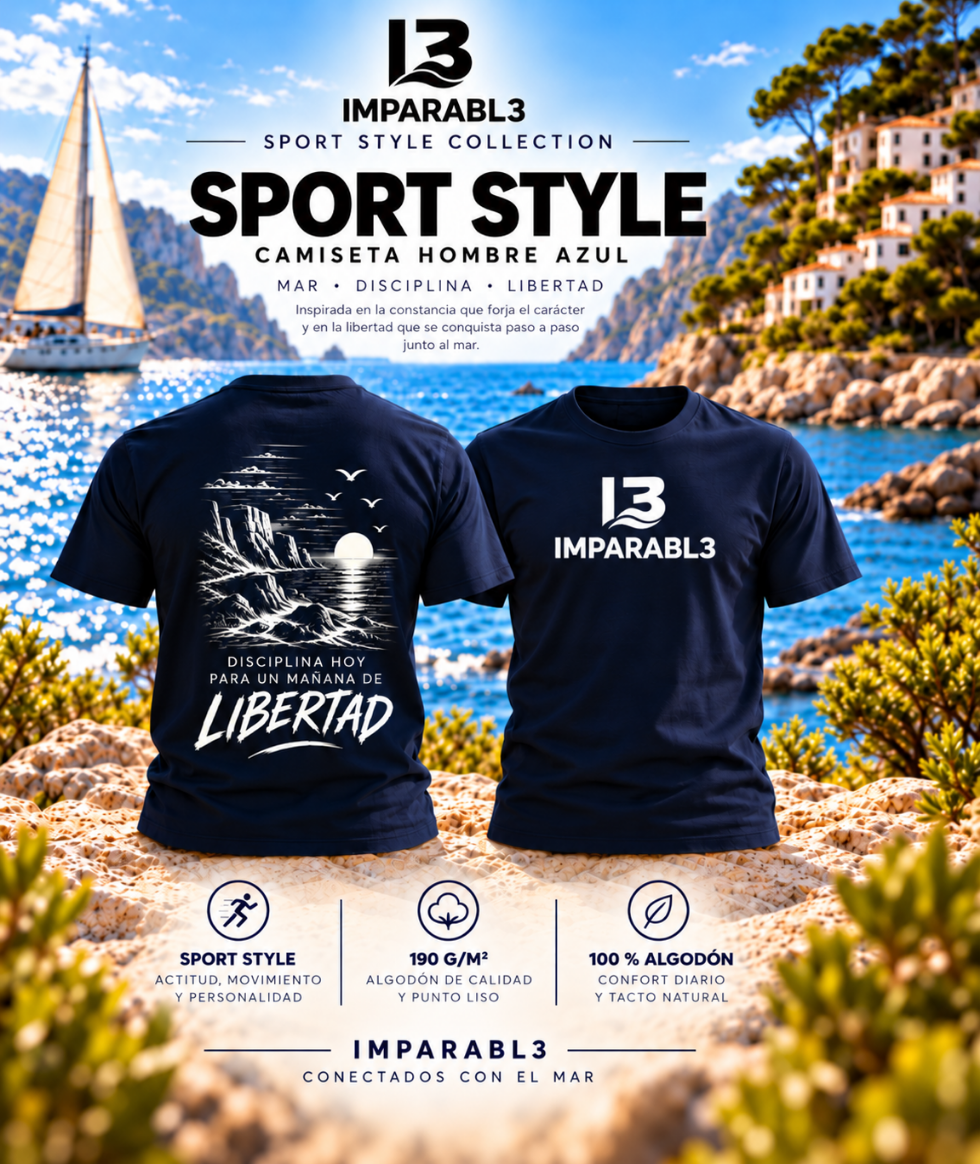 Presentación de camiseta azul marino de hombre IMPARABL3 Sport Style, con logo I3 blanco en el pecho y estampado trasero de acantilados, mar, sol y aves, acompañado de la frase «Disciplina hoy para un mañana de LIBERTAD». 100 % algodón de 190 g/m².