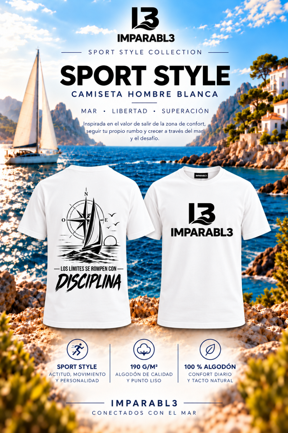 Camiseta blanca de hombre SPORT STYLE de IMPARABL3, modelo de corte regular Roly Stafford, con logo negro frontal y diseño trasero de velero, brújula y frase Los límites se rompen con disciplina. 100 % algodón de 190 g/m².