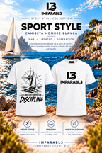 Camiseta blanca de hombre SPORT STYLE de IMPARABL3, modelo de corte regular Roly Stafford, con logo negro frontal y diseño trasero de velero, brújula y frase Los límites se rompen con disciplina. 100 % algodón de 190 g/m².