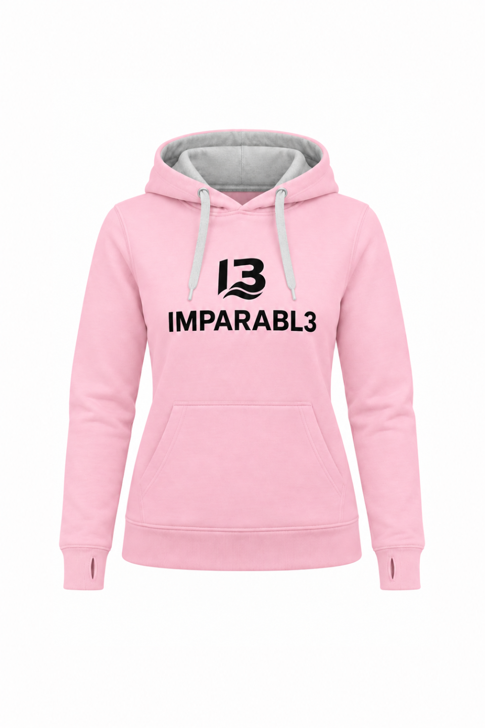 Sudadera rosa de mujer IMPARABL3, estilo Urban Woman, vista delantera, con capucha, cordones grises, interior de capucha en gris y logotipo I3 IMPARABL3 en negro en la parte frontal del pecho.