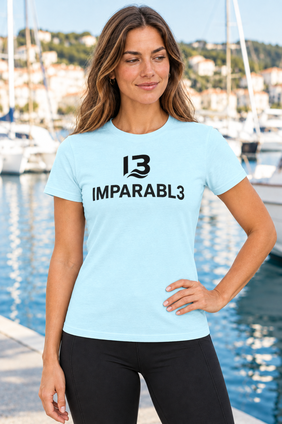 Mujer con camiseta azul cielo IMPARABL3 Sport Style, de manga corta y corte entallado, con logotipo I3 IMPARABL3 negro centrado en el pecho, en un puerto deportivo.
