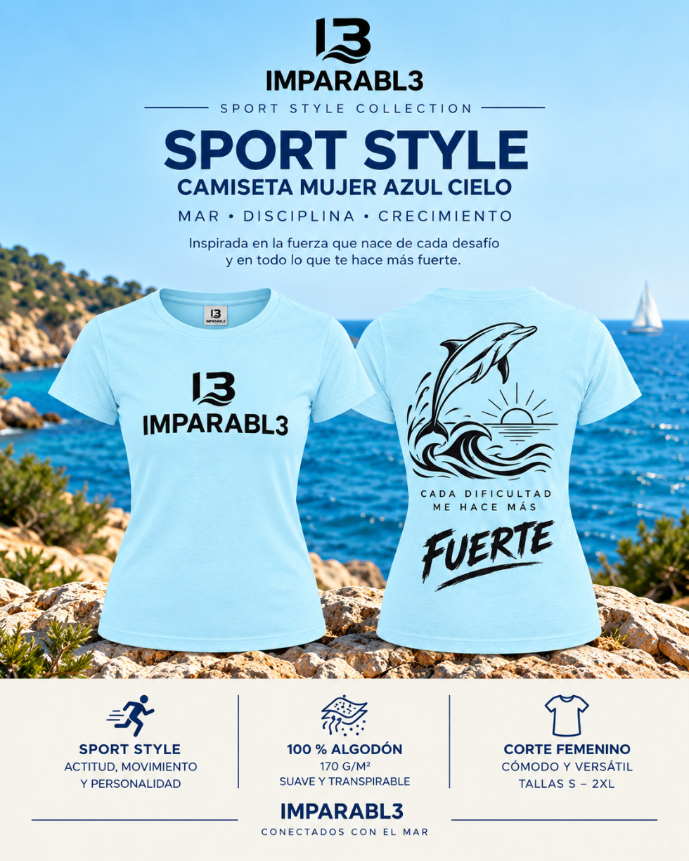 Presentación de camiseta azul cielo IMPARABL3 Sport Style de mujer, con vistas frontal y trasera, logotipo negro en el pecho y diseño de delfín sobre las olas en la espalda.