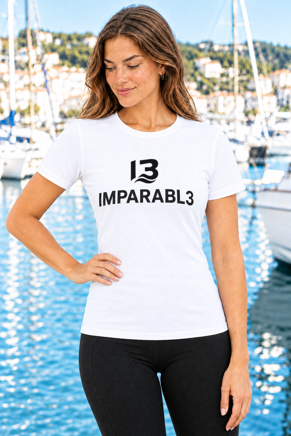 Mujer con camiseta blanca IMPARABL3 Sport Style, de manga corta y corte entallado, con logotipo I3 IMPARABL3 negro centrado en el pecho, en un puerto deportivo.