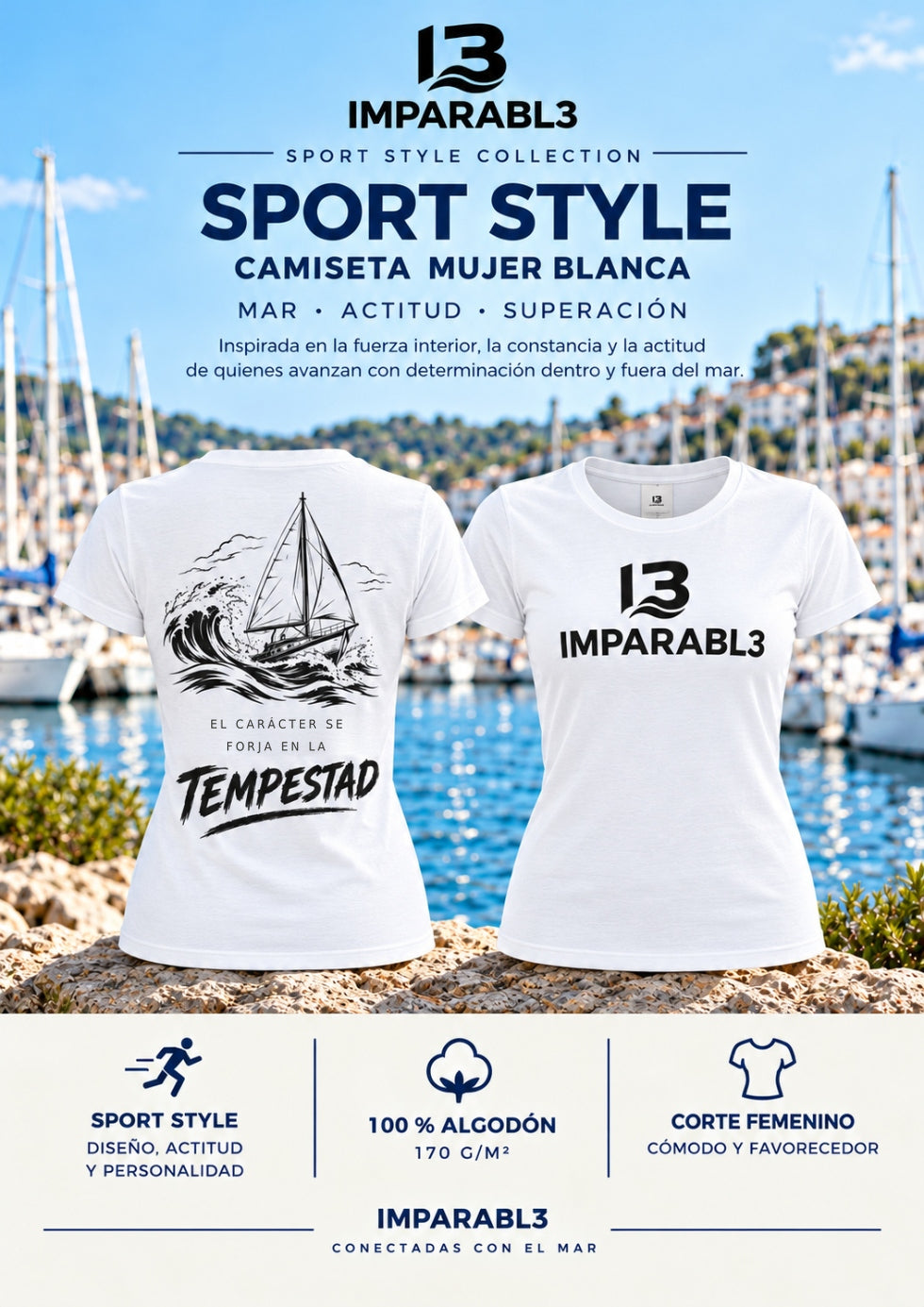 Presentación de camiseta blanca IMPARABL3 Sport Style de mujer, con vistas frontal y trasera, logotipo negro en el pecho y diseño de velero navegando entre las olas en la espalda.