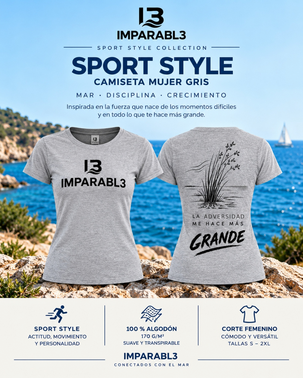 Presentación de camiseta gris IMPARABL3 Sport Style de mujer, con vistas frontal y trasera, logotipo negro en el pecho y diseño de juncos con mensaje de superación personal en la espalda.