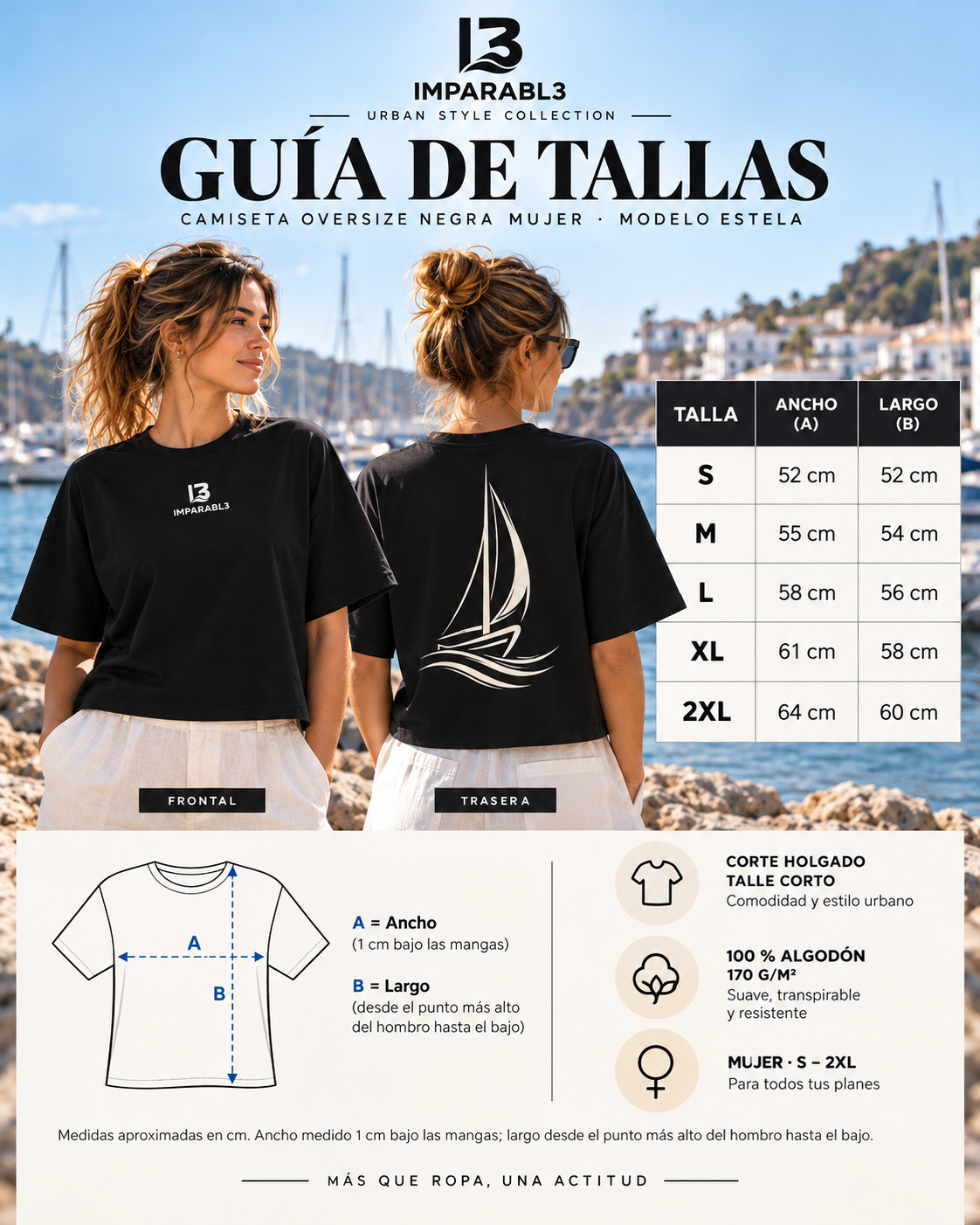 Guía de tallas de la camiseta oversize ESTELA negra de IMPARABL3 para mujer, con medidas de ancho y largo desde la talla S hasta la 2XL, vistas frontal y trasera y esquema de medición.