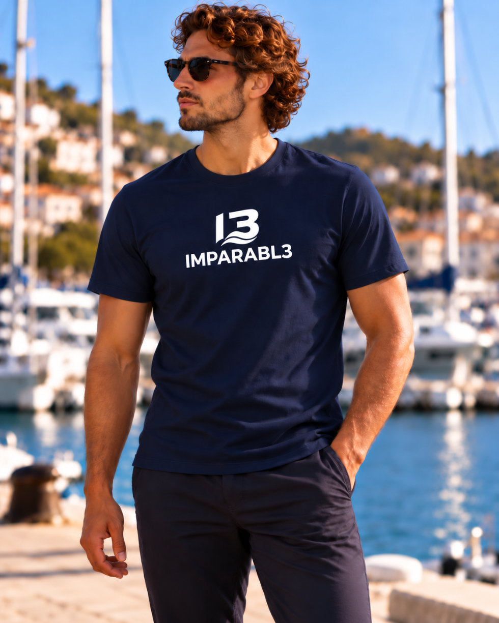 Hombre con camiseta azul marino de IMPARABL3, corte regular, manga corta y logotipo I3 blanco centrado en el pecho, junto a un puerto deportivo.