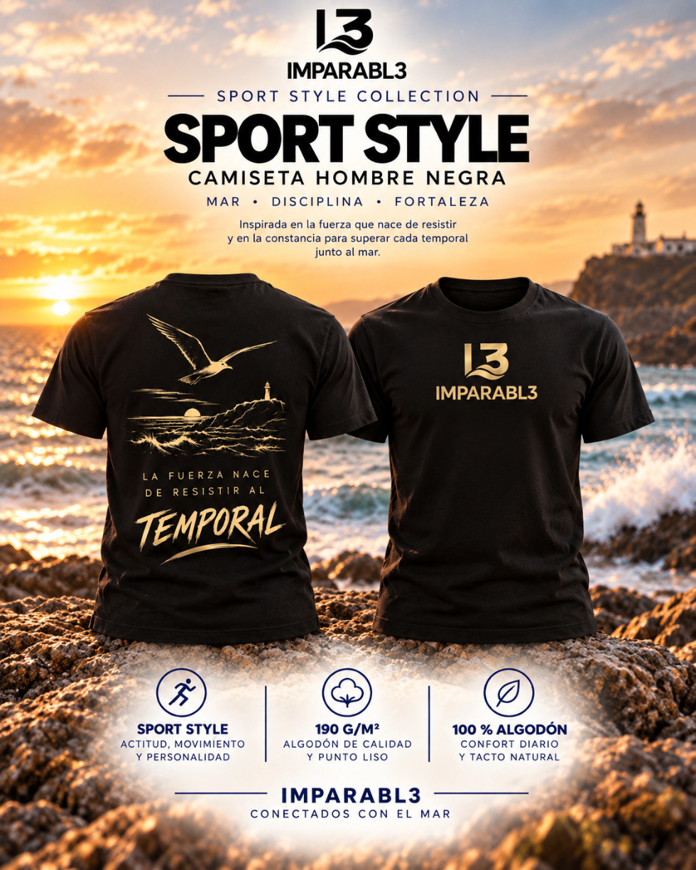Presentación de la camiseta negra de hombre Sport Style de IMPARABL3, con vistas frontal y trasera, logotipo y estampado dorados sobre un fondo costero al atardecer.