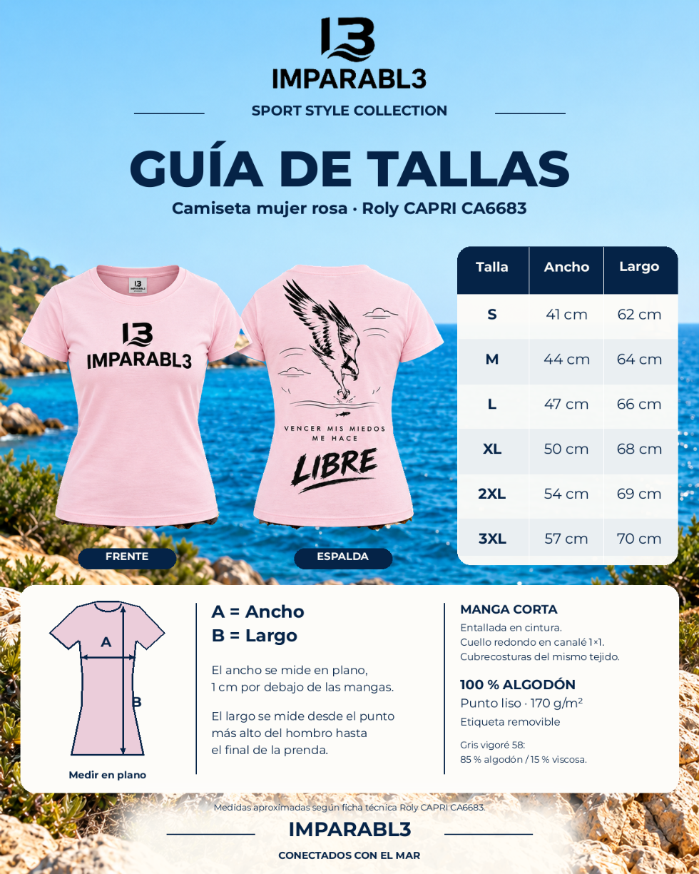 Guía de tallas de camiseta femenina IMPARABL3 Sport Style, modelo ROLY CAPRI CA6683, con corte entallado, tejido 100 % algodón de 170 g/m² y medidas de ancho y largo desde la talla S hasta la 3XL.