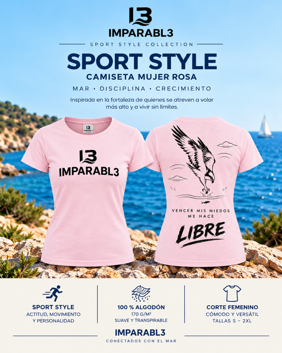 Presentación de camiseta rosa Sport Style de mujer IMPARABL3 con vistas frontal y trasera, logotipo negro en el pecho e ilustración de un águila en la espalda. Diseño inspirado en la libertad y la superación personal.
