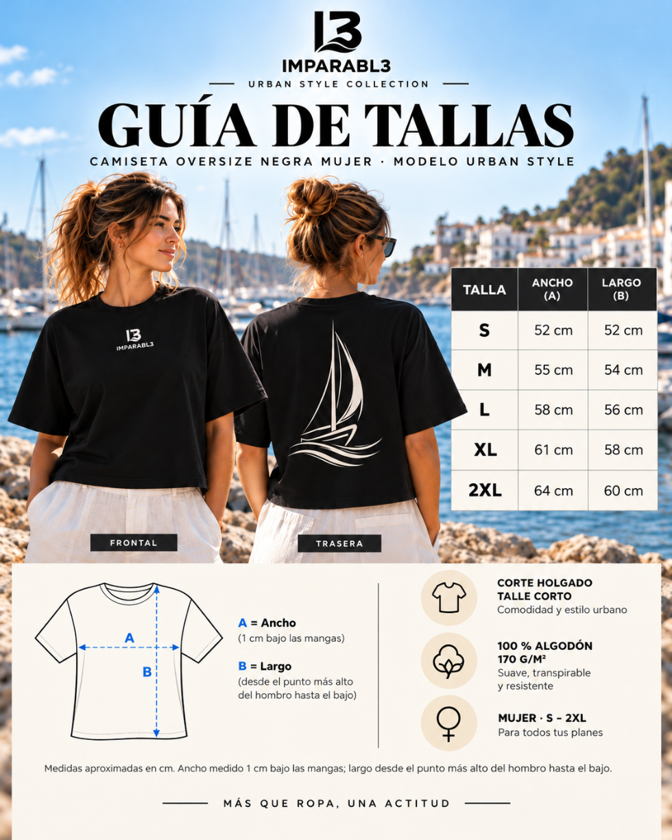 Guía de tallas de la camiseta oversize negra de IMPARABL3 para mujer, con medidas de ancho y largo desde la talla S hasta la 2XL, vistas frontal y trasera y esquema de medición.