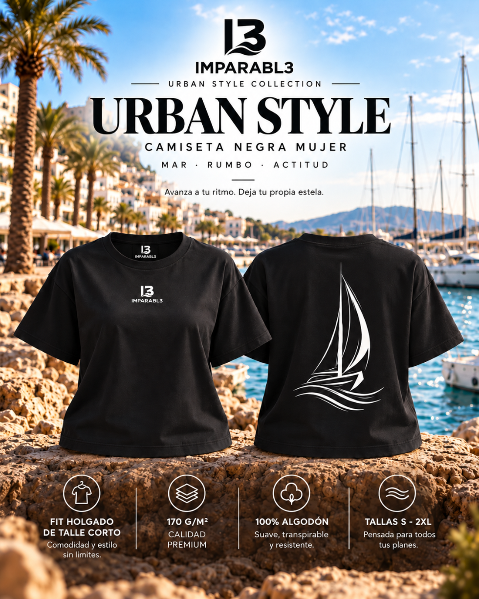 Presentación de la camiseta negra para mujer de IMPARABL3, con vistas frontal y trasera, velero blanco minimalista, corte oversize de talle corto y tejido 100 % algodón de 170 g/m².