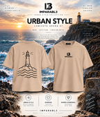 Camiseta oversize de hombre de IMPARABL3 en color arena 07, con logo frontal y diseño trasero minimalista de faro y olas