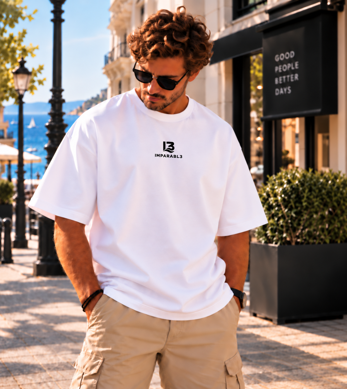 Modelo masculino con camiseta oversize blanca de IMPARABL3, mostrando el logo frontal en un entorno urbano junto al mar.