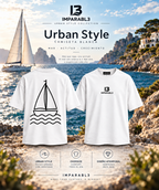 Camiseta oversize blanca de hombre IMPARABL3 Urban Style, vista frontal con logo negro y espalda con diseño de velero sobre las olas.