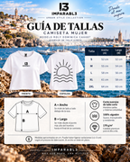 Guía de tallas de la camiseta oversize blanca de mujer de IMPARABL3, con medidas de ancho y largo de S a 2XL, patrón Roly DOMINICA CA6687 e instrucciones para medir.