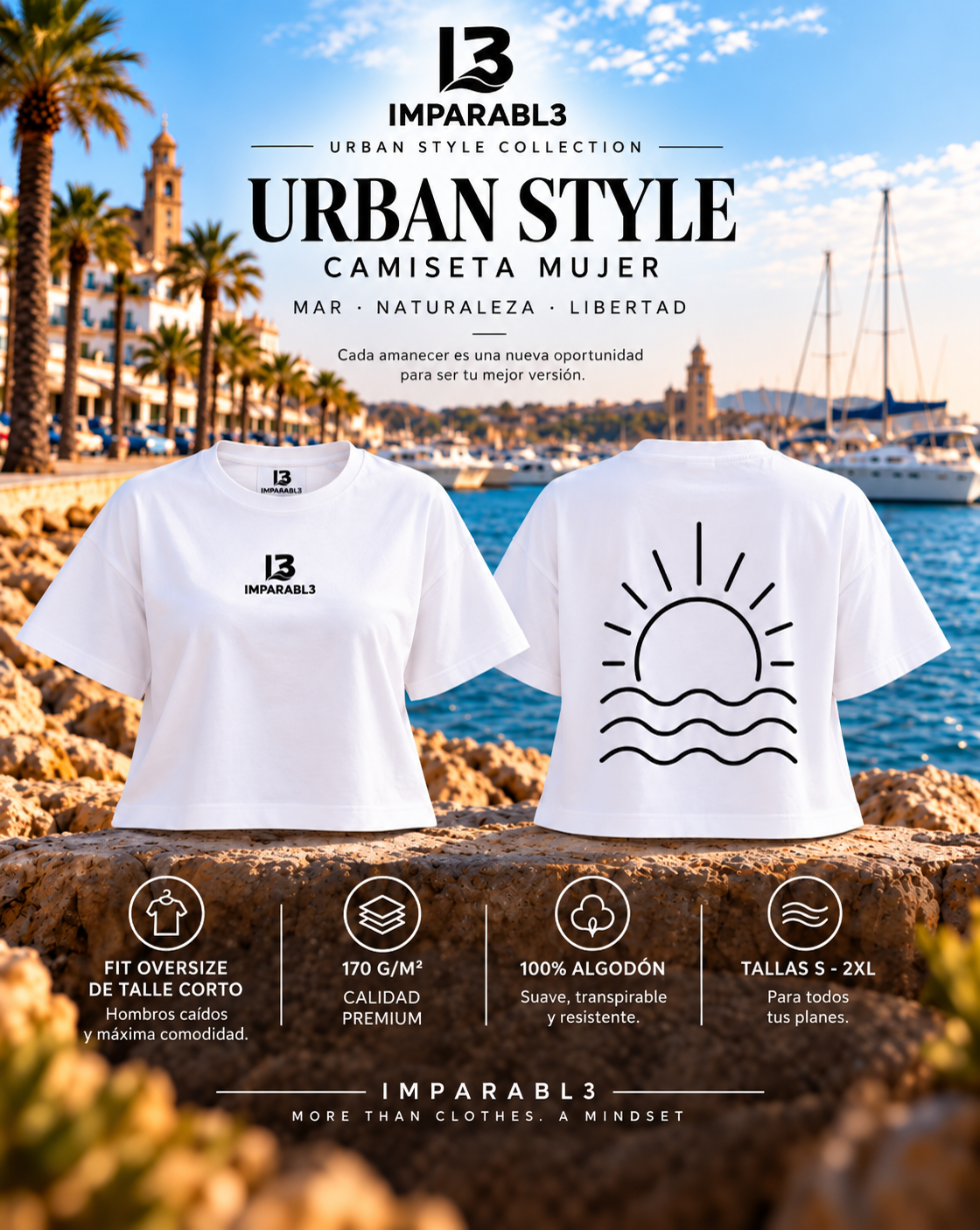 Presentación de la camiseta oversize blanca de IMPARABL3, con vistas frontal y trasera, diseño de sol y olas, corte de talle corto y algodón 100 % de 170 g/m².