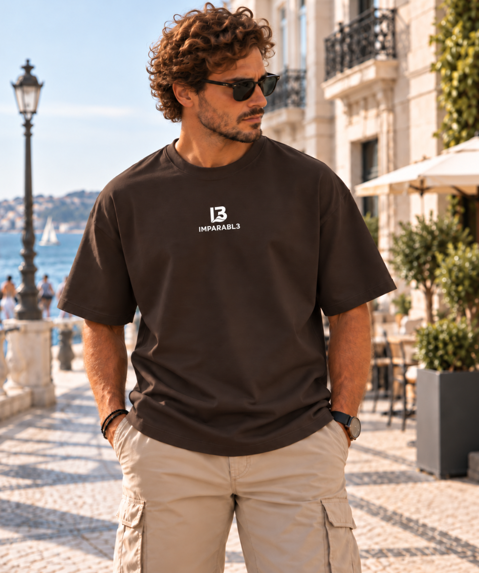 Modelo masculino con camiseta oversize de IMPARABL3 en color ébano 231, mostrando el logo frontal blanco en un entorno urbano junto al mar