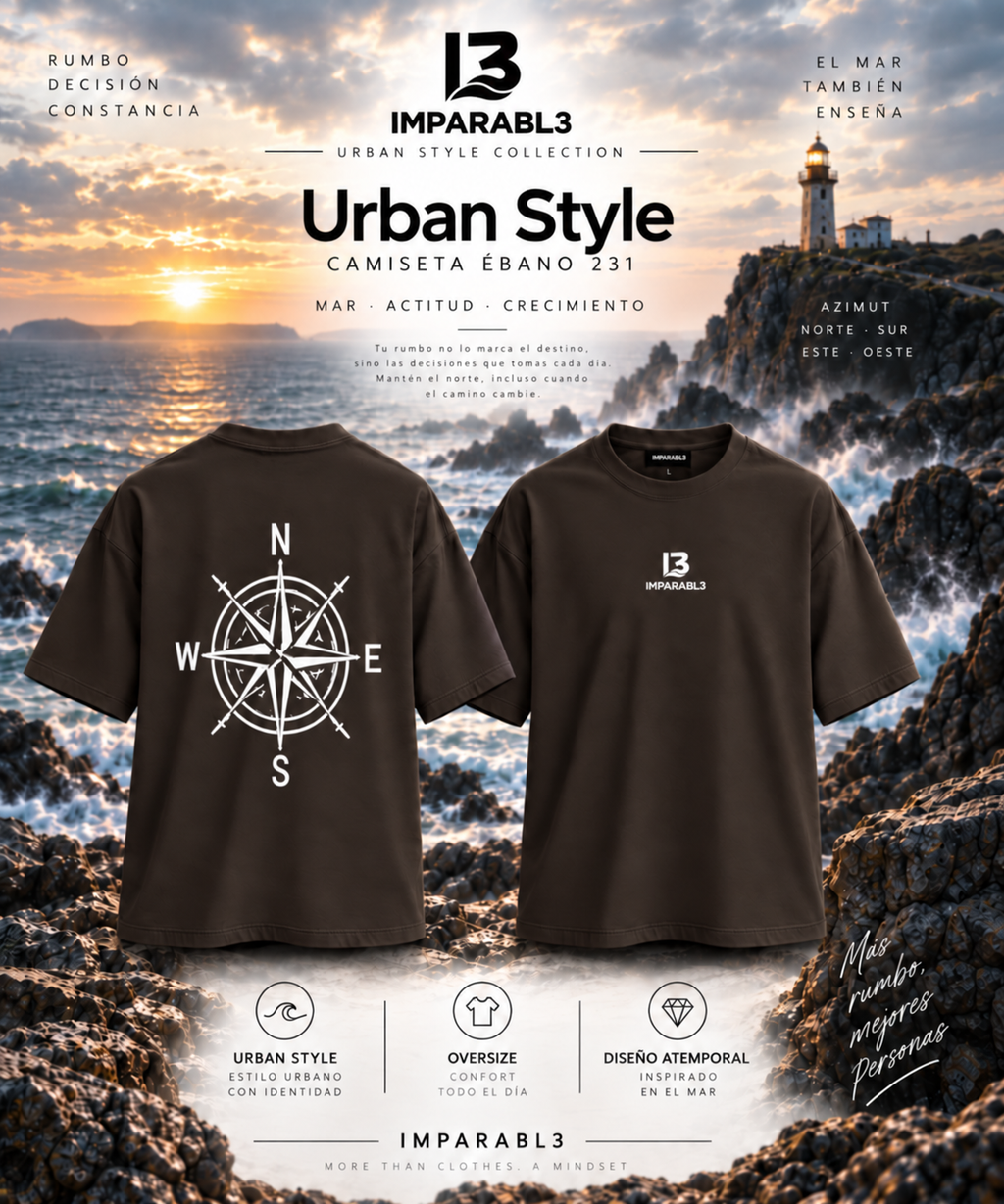 Camiseta oversize de hombre de IMPARABL3 en color ébano 231, con logo frontal blanco y diseño trasero de rosa de los vientos