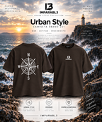 Camiseta oversize de hombre de IMPARABL3 en color ébano 231, con logo frontal blanco y diseño trasero de rosa de los vientos