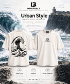 Camiseta oversize de hombre de IMPARABL3 en blanco vintage, con logo frontal y diseño trasero de gran ola inspirado en el mar