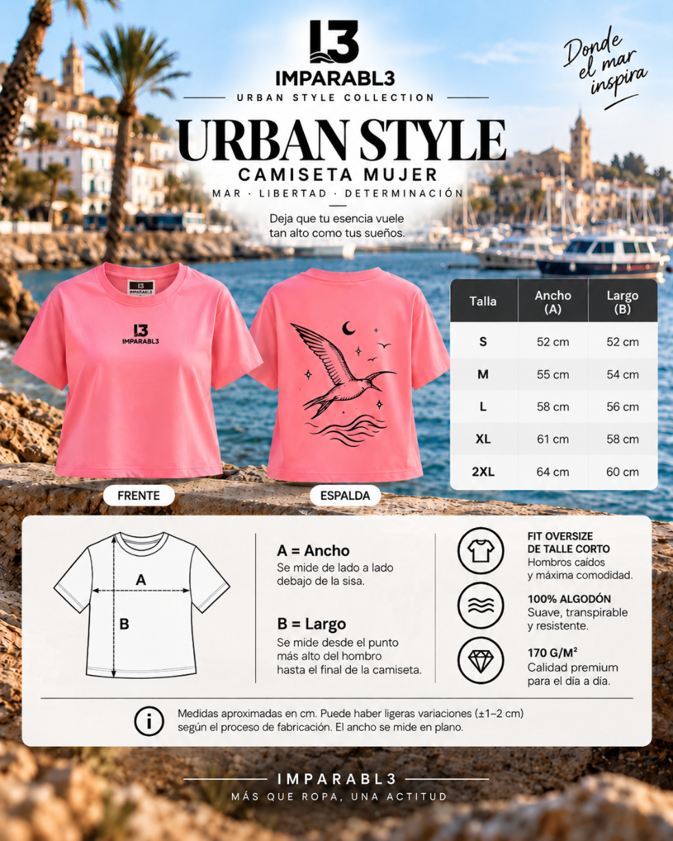 Guía de tallas de la camiseta oversize rosa flúor de mujer de IMPARABL3, con medidas de ancho y largo de S a 2XL, vistas frontal y trasera e instrucciones para medir.
