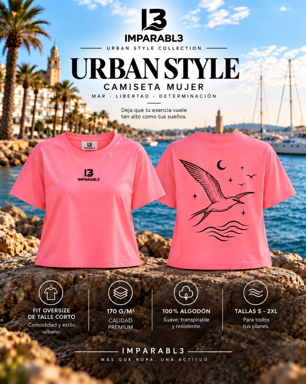 Presentación de la camiseta oversize rosa flúor de IMPARABL3, con vistas frontal y trasera, diseño de ave marina, 100 % algodón de 170 g/m² y talle corto.