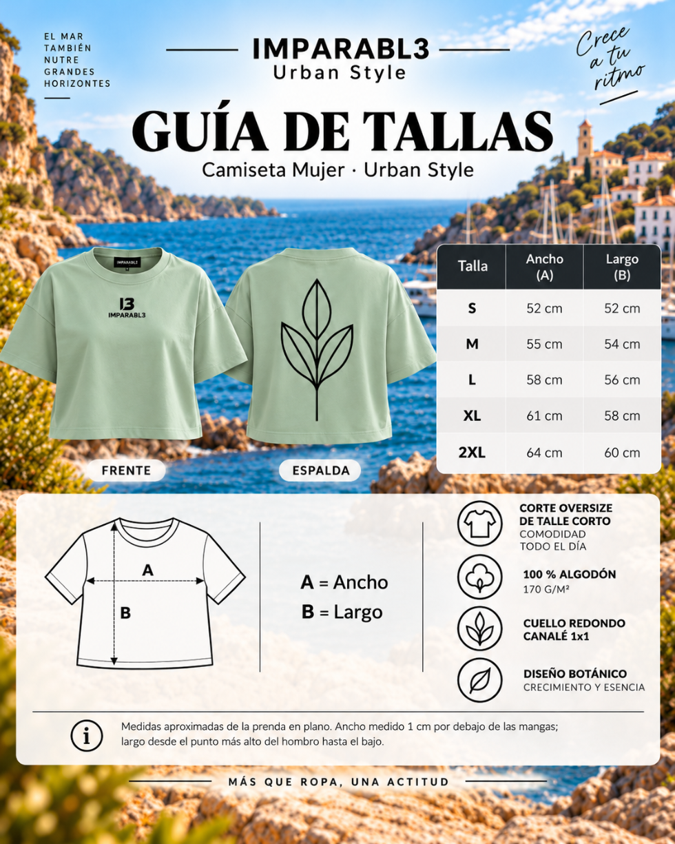 Guía de tallas de la camiseta oversize de mujer de IMPARABL3, modelo Roly DOMINICA CA6687, con tabla de medidas de ancho y largo de S a 2XL e instrucciones para medir.