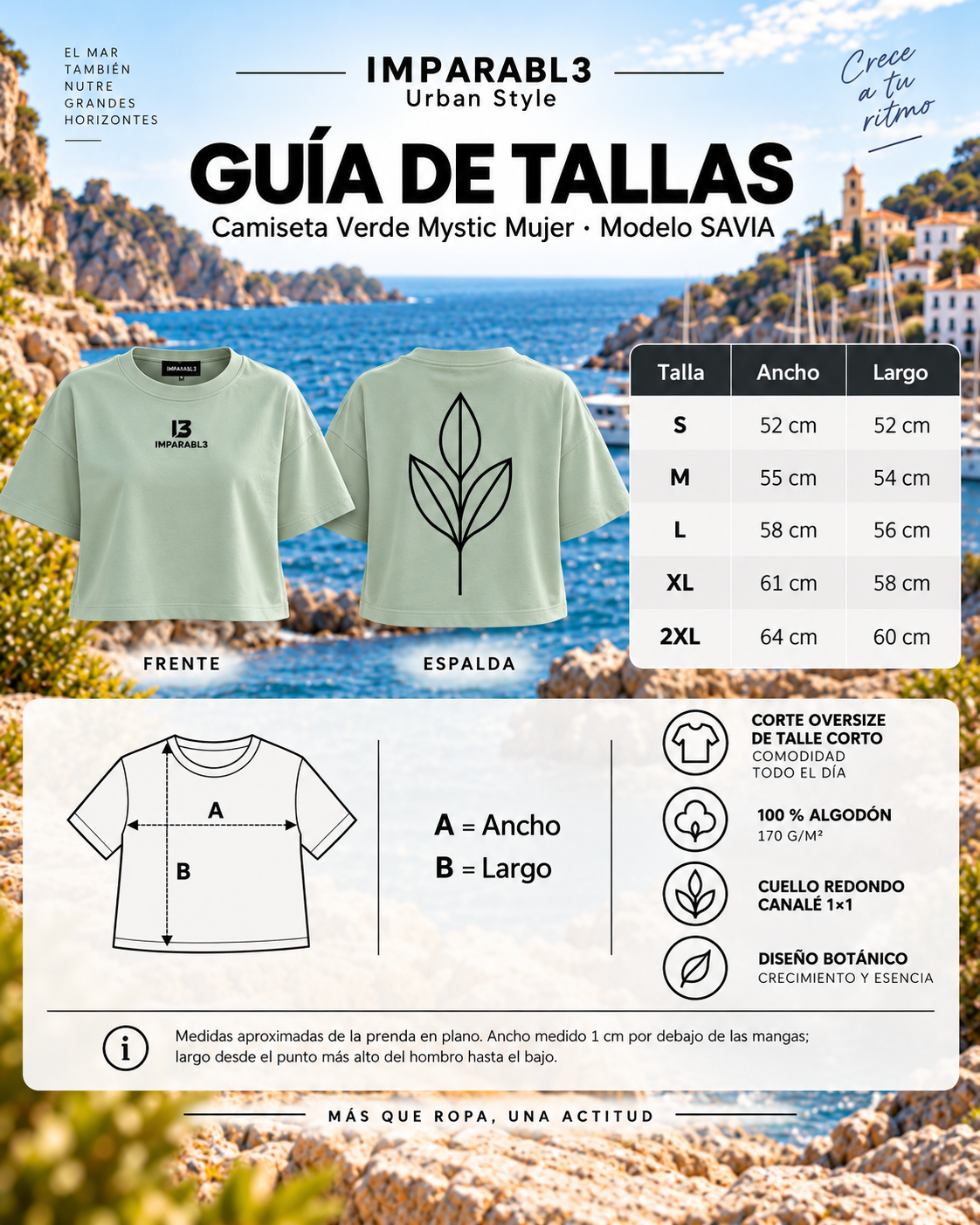 Guía de tallas de la camiseta oversize SAVIA de mujer de IMPARABL3, modelo Roly DOMINICA CA6687, con tabla de medidas de ancho y largo de S a 2XL e instrucciones para medir.