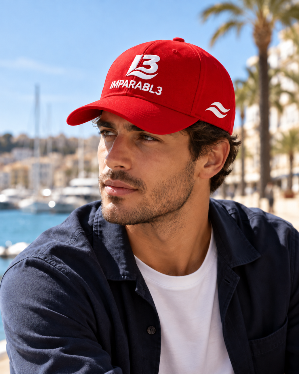 Hombre con gorra AMURA roja de IMPARABL3, logotipo frontal I3 blanco y dos olas blancas en el lateral, vestido con estilo urbano en un puerto mediterráneo.