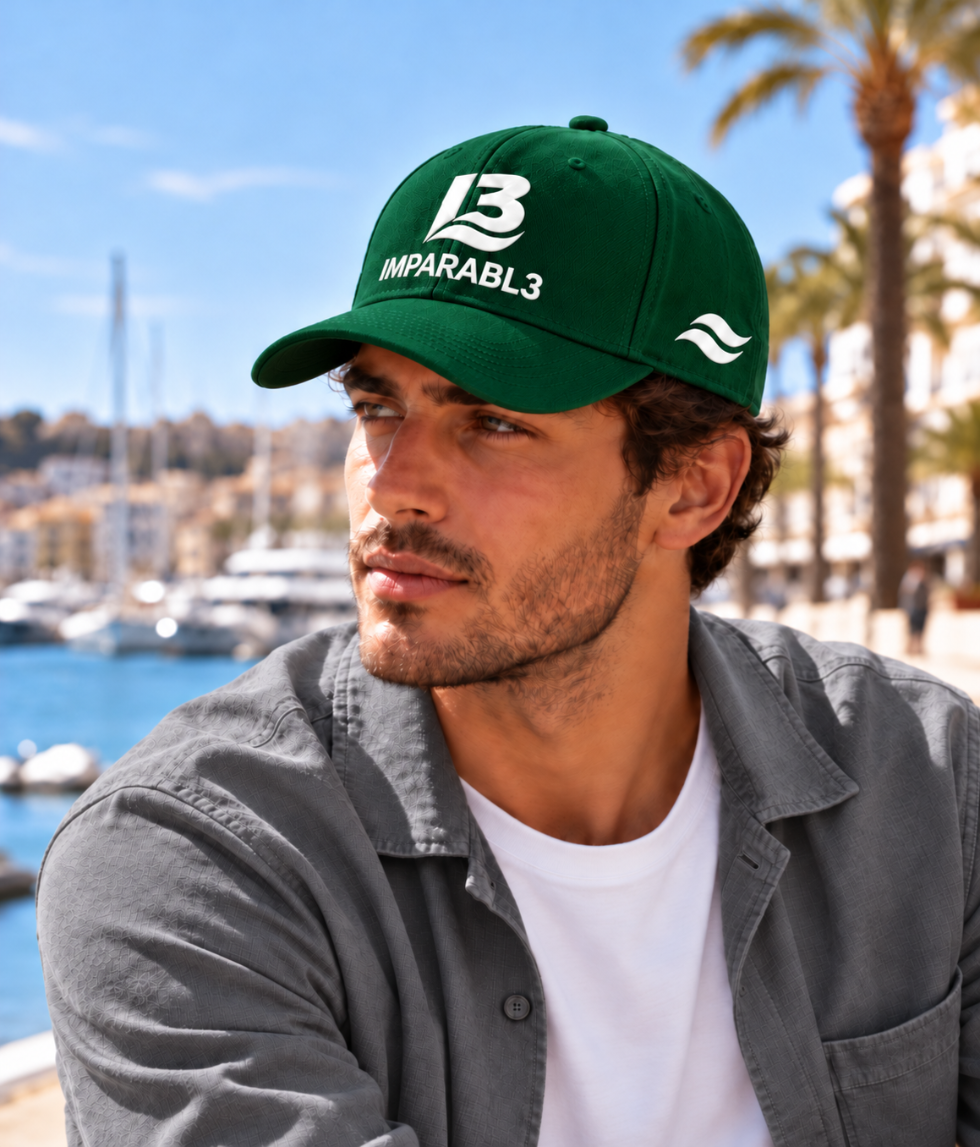 Hombre con gorra AMURA verde de IMPARABL3, color 78, logotipo I3 blanco y dos olas blancas laterales, combinada con sobrecamisa gris en un puerto mediterráneo.