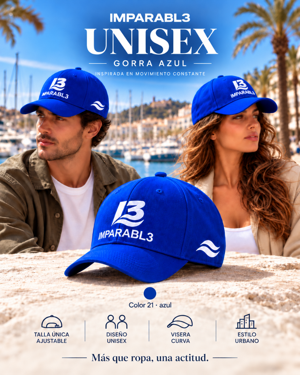Presentación de la gorra azul, color 21, de IMPARABL3, con logotipo I3 blanco, doble ola lateral, visera curva y diseño unisex de talla única ajustable.