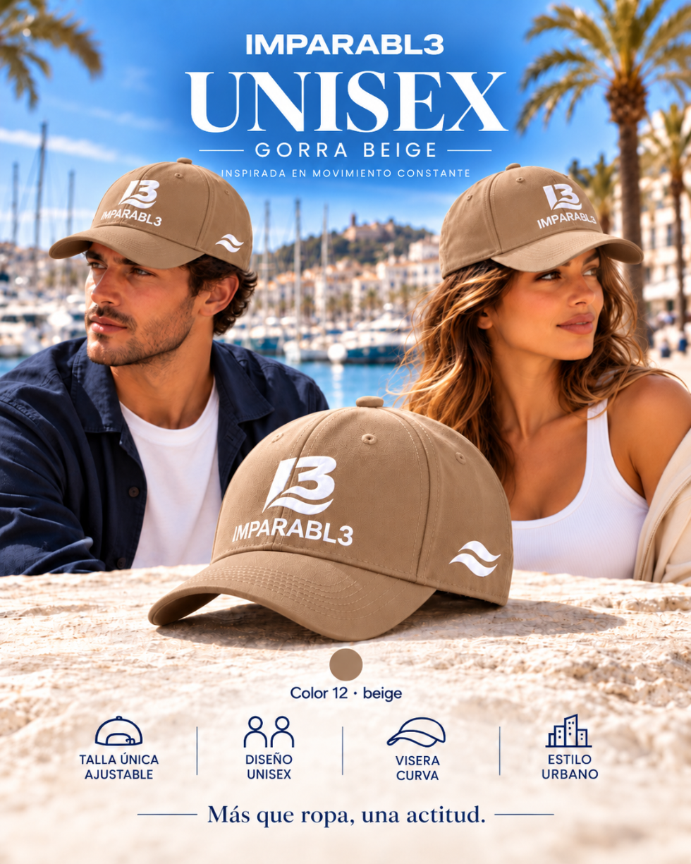 Presentación de la gorra Beige de IMPARABL3, color 12, con modelos hombre y mujer, logotipo I3 blanco, doble ola lateral, visera curva y talla única ajustable unisex.