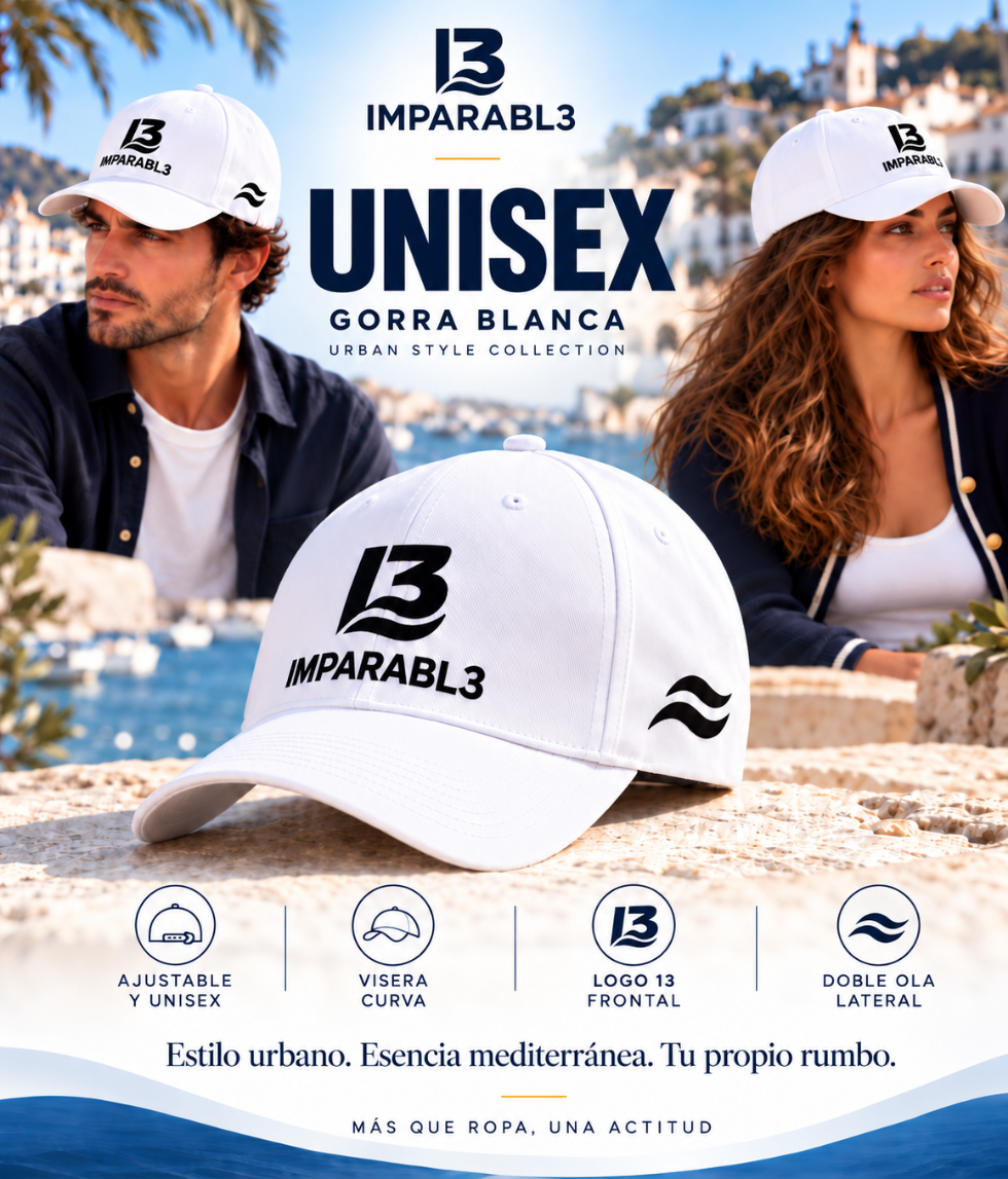 Presentación de la gorra Blanca de IMPARABL3 con logotipo I3 frontal, dos olas laterales, visera curva y diseño ajustable unisex de la colección Urban Style.
