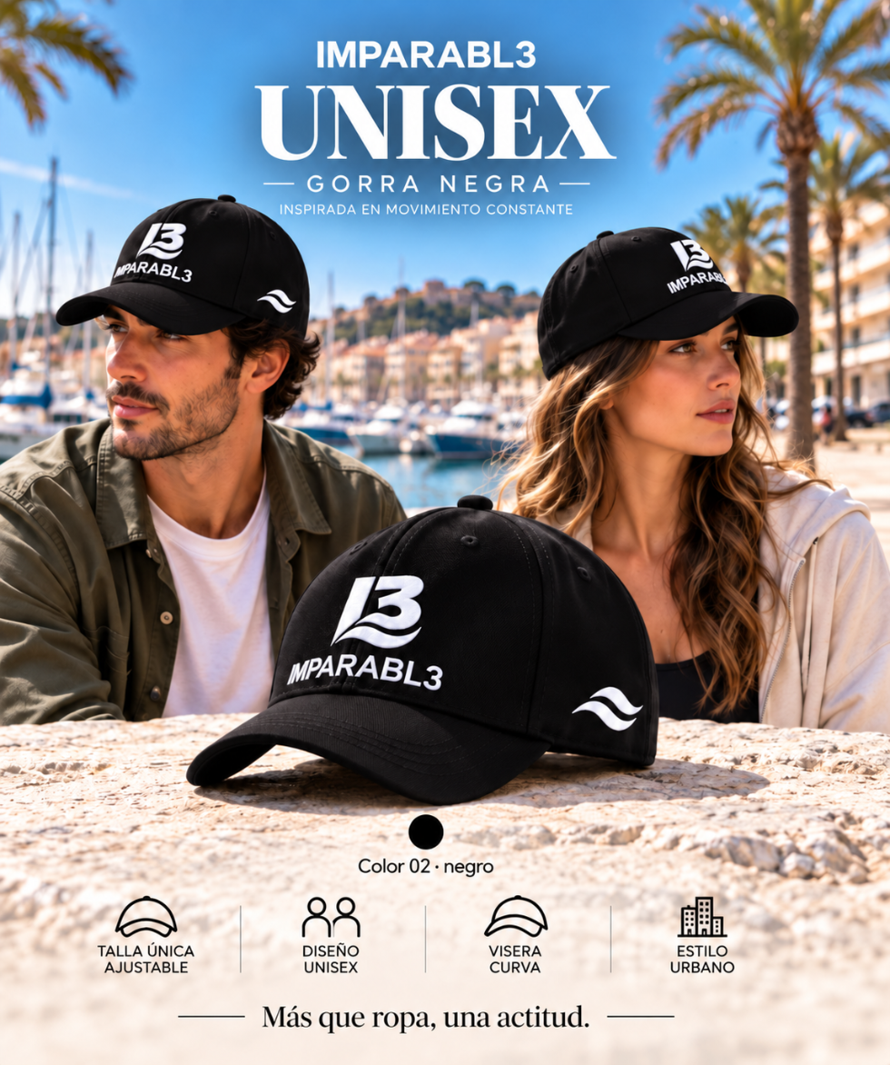 Presentación de la gorra Negra de IMPARABL3, color 02, con modelos hombre y mujer, logotipo I3 blanco, doble ola lateral, visera curva y talla única ajustable unisex.