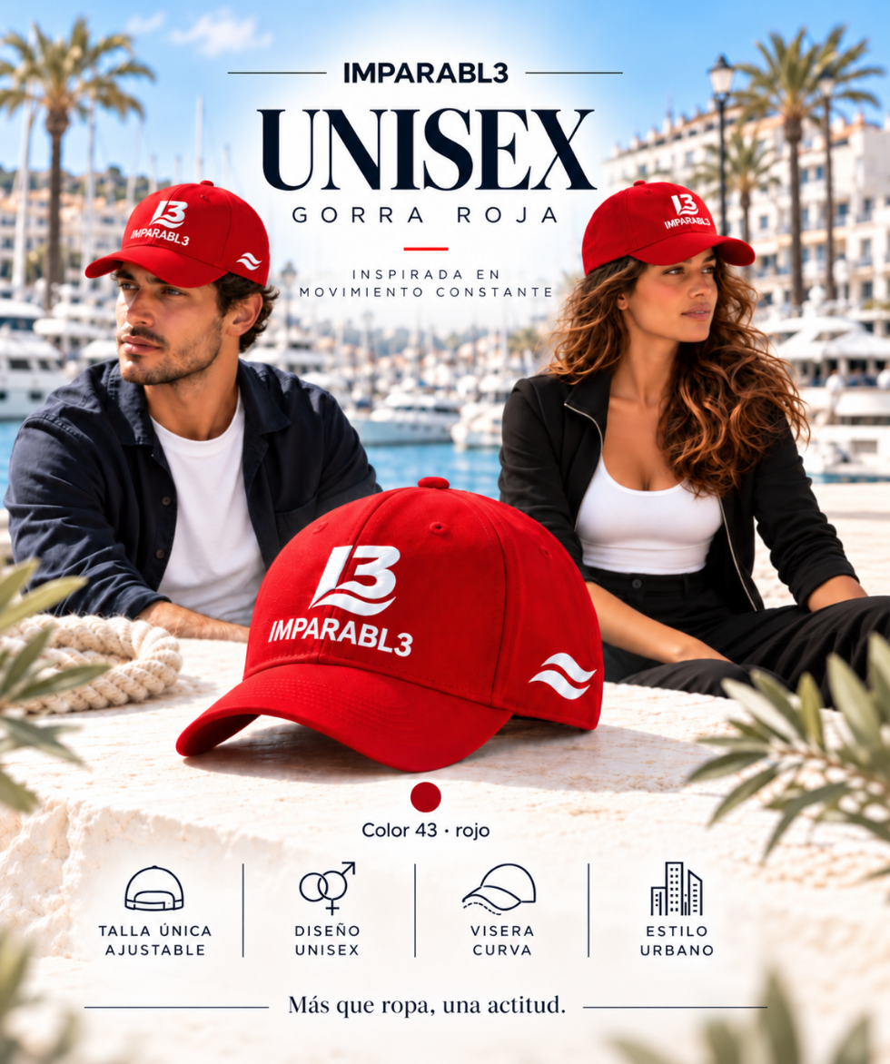 Presentación de la gorra Roja de IMPARABL3, color 43, con logotipo I3 blanco, dos olas laterales, visera curva y talla única ajustable unisex.