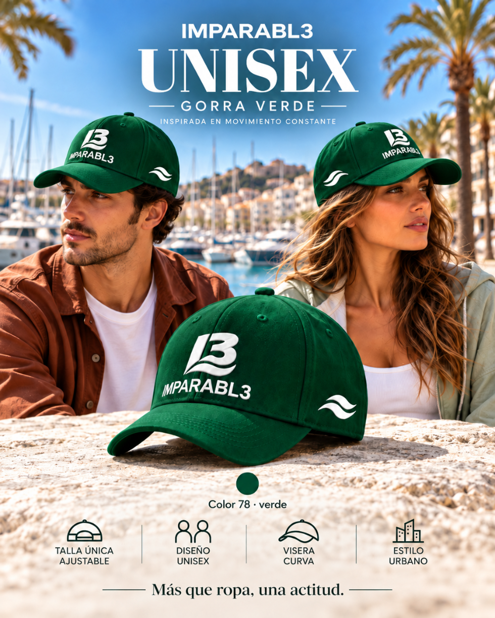 Presentación de la gorra verde de IMPARABL3, color 78, con modelos hombre y mujer, logotipo I3 blanco, dos olas laterales, visera curva y talla única ajustable unisex.