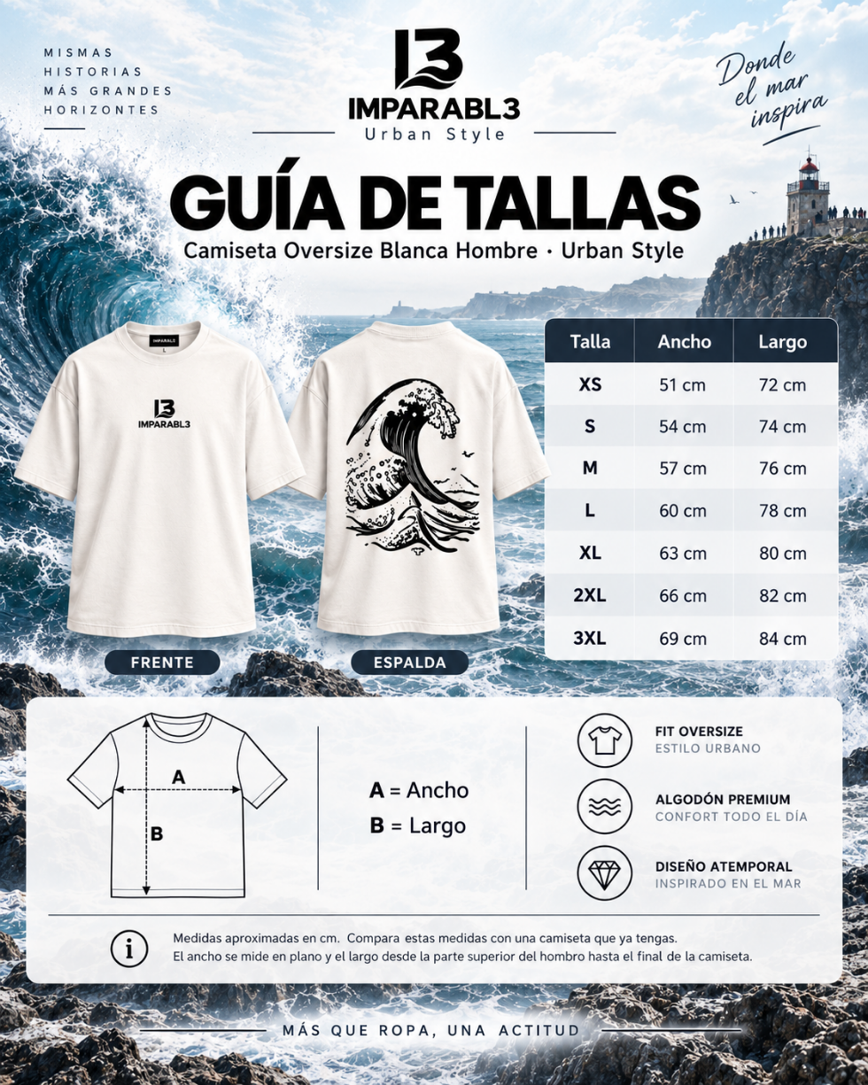 Guía de tallas de la camiseta oversize de hombre de IMPARABL3 en blanco vintage, con medidas de XS a 3XL