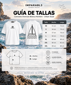 Guía de tallas de camiseta oversize blanca para hombre IMPARABL3 Urban Style. Medidas de ancho y largo de XS a 3XL, con vistas frontal y trasera.