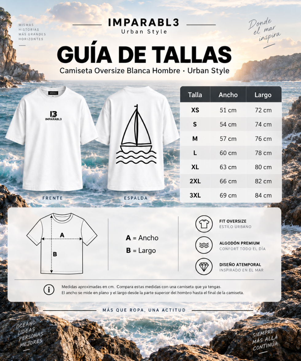 Guía de tallas de camiseta oversize blanca para hombre IMPARABL3 Urban Style. Medidas de ancho y largo de XS a 3XL, con vistas frontal y trasera.